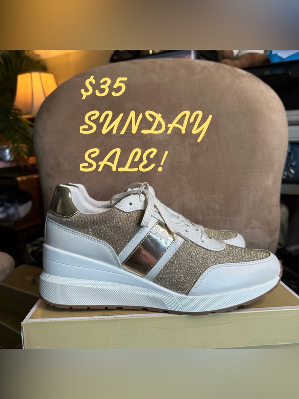 $35 SUNDAY SALE🎉 MICHAEL Michael Kors Mabel Trainer Glitter Chain Mesh Pale Gold